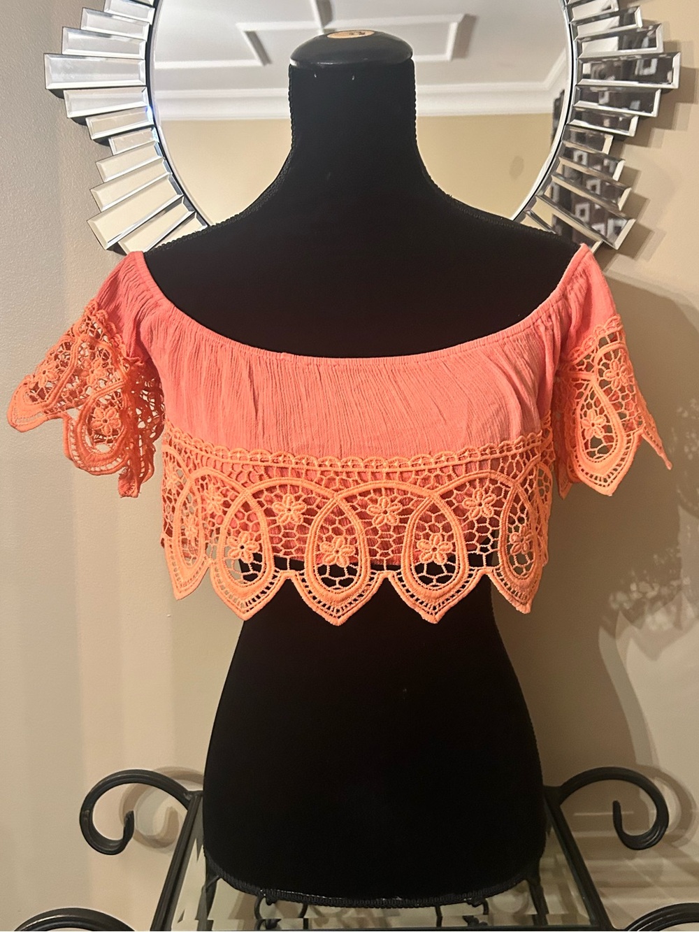 UK2LA Coral Off-Shoulder Crochet-Trim Crop Top